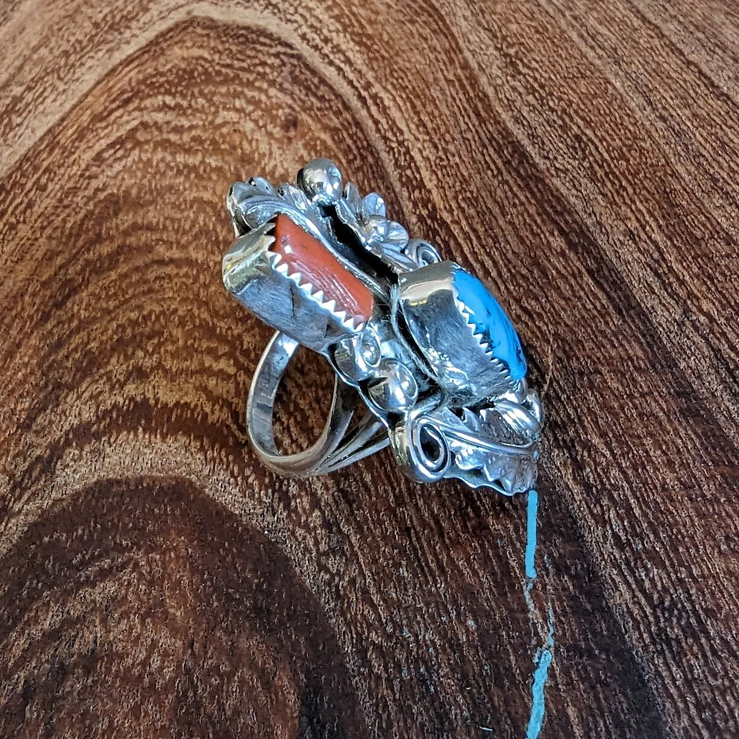 Navajo Made Turquoise and Coral Traditional Ring GJ-RNG-0015