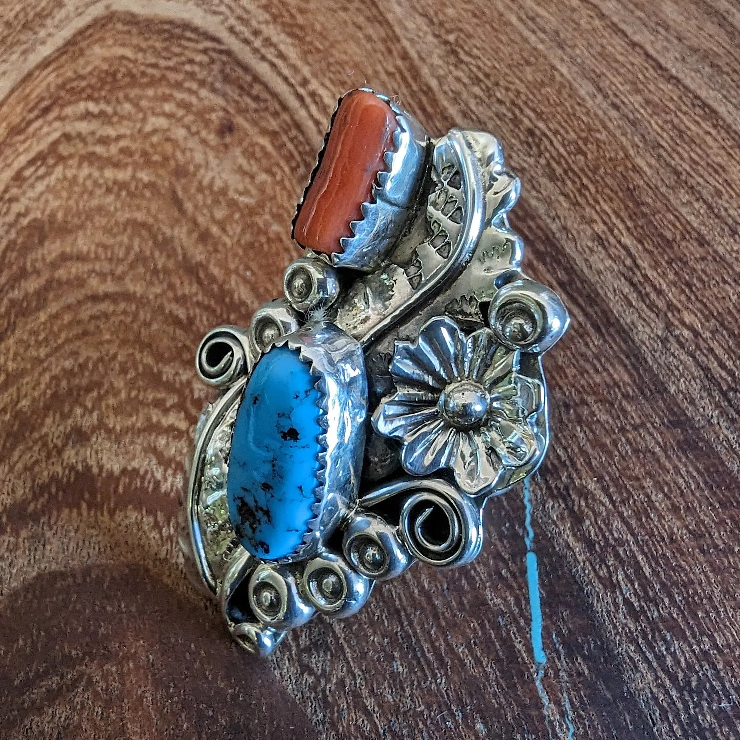 Navajo Made Turquoise and Coral Traditional Ring GJ-RNG-0015
