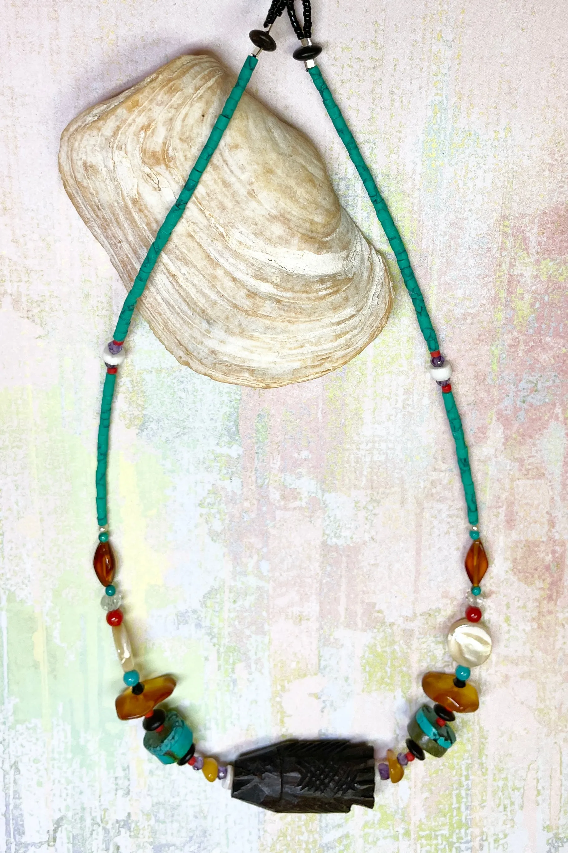 Necklace Cay Carved Wood Fish