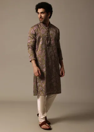Olive Green Printed Silk Kurta Set For Men