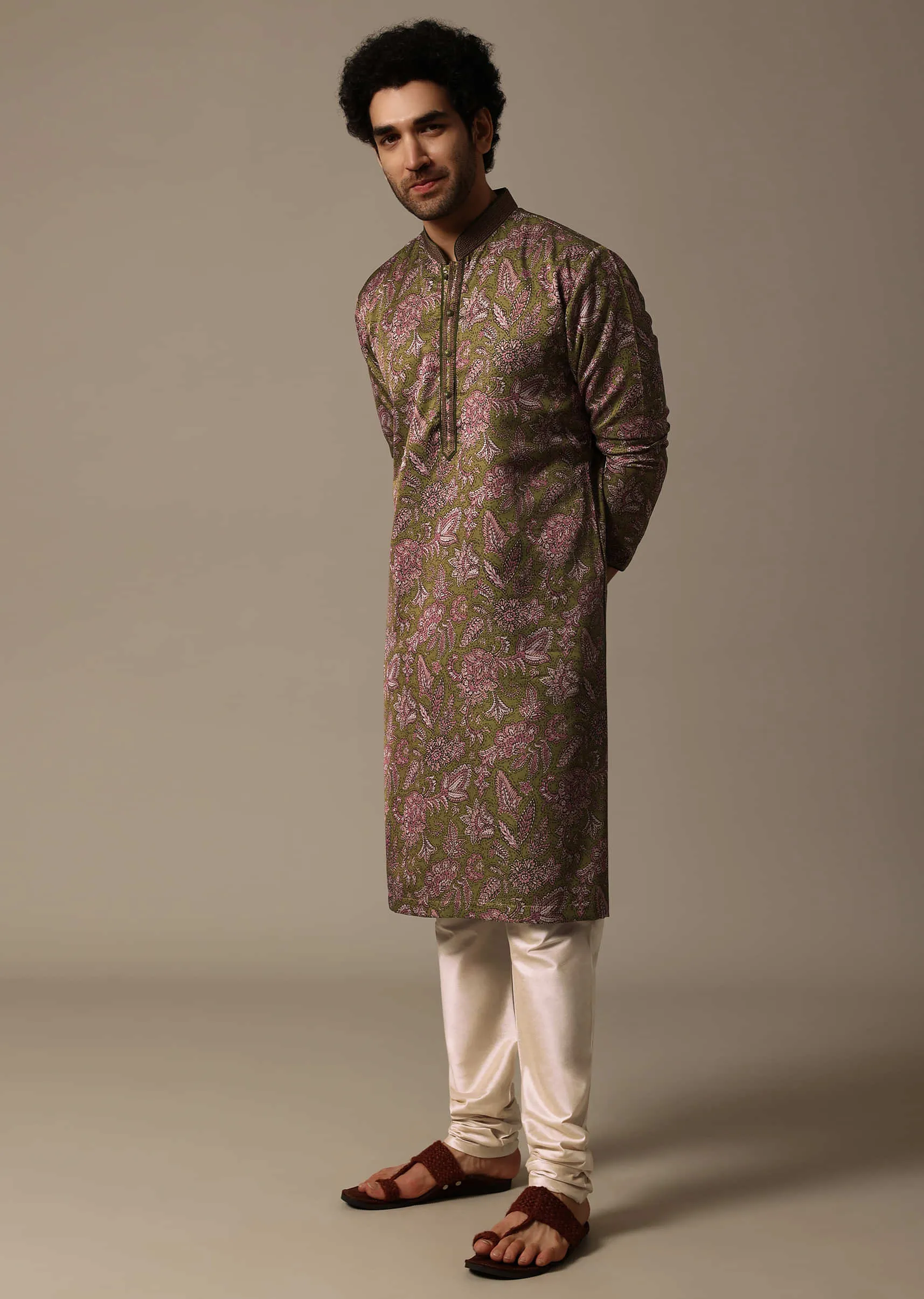 Olive Green Printed Silk Kurta Set For Men