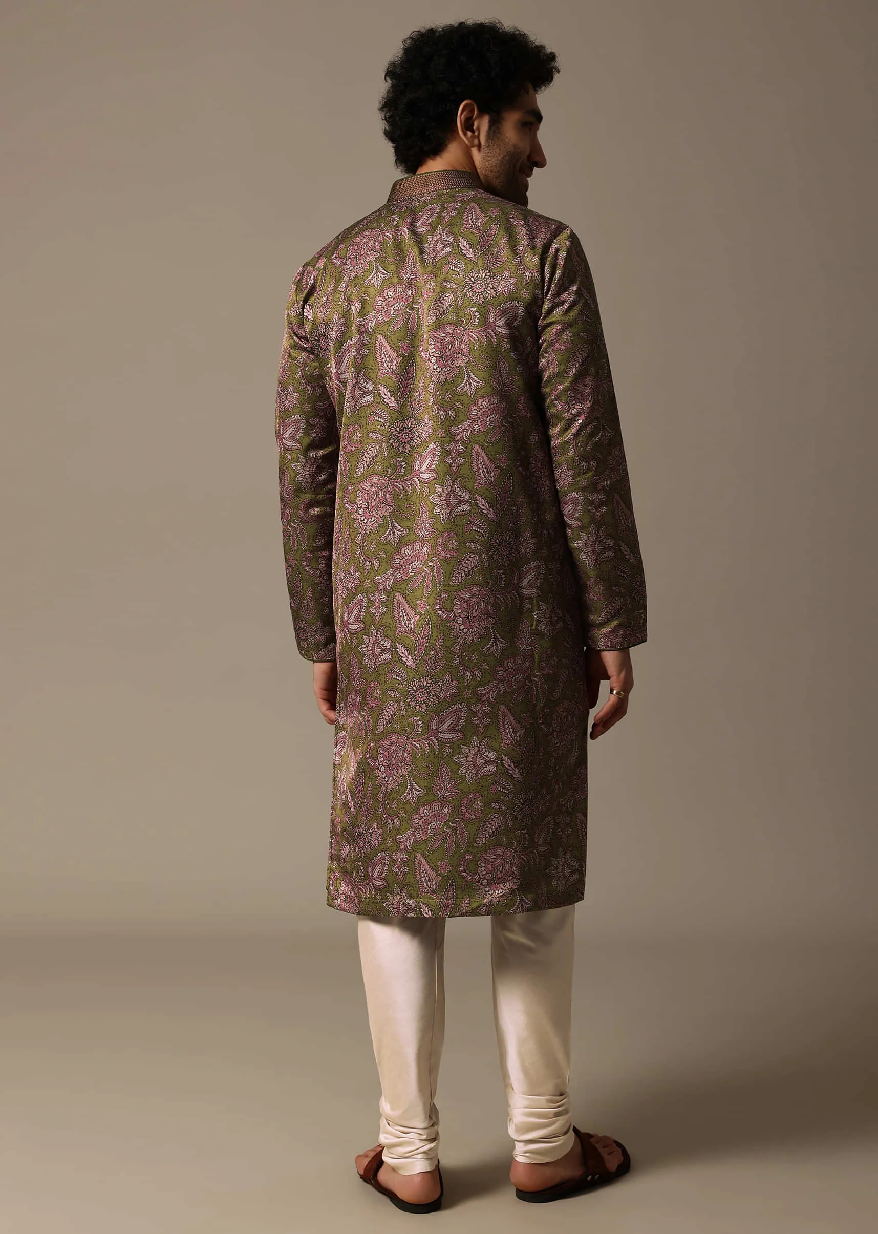 Olive Green Printed Silk Kurta Set For Men