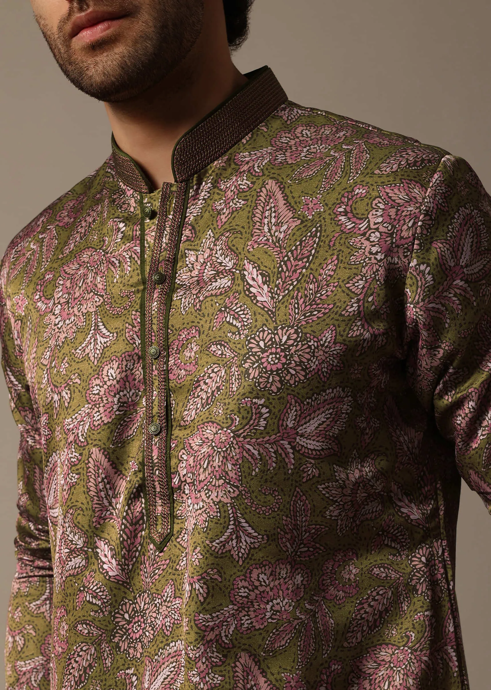 Olive Green Printed Silk Kurta Set For Men