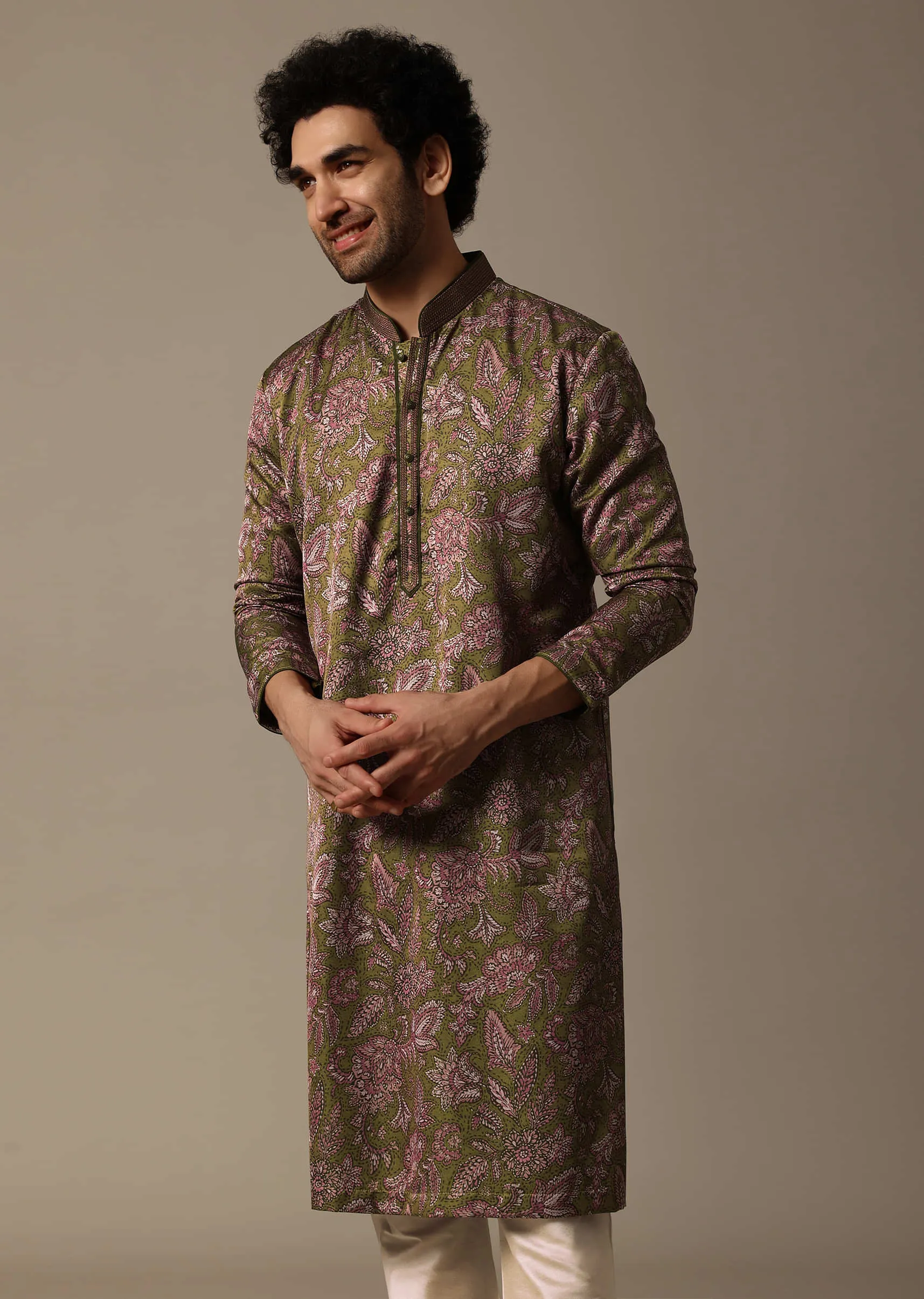 Olive Green Printed Silk Kurta Set For Men