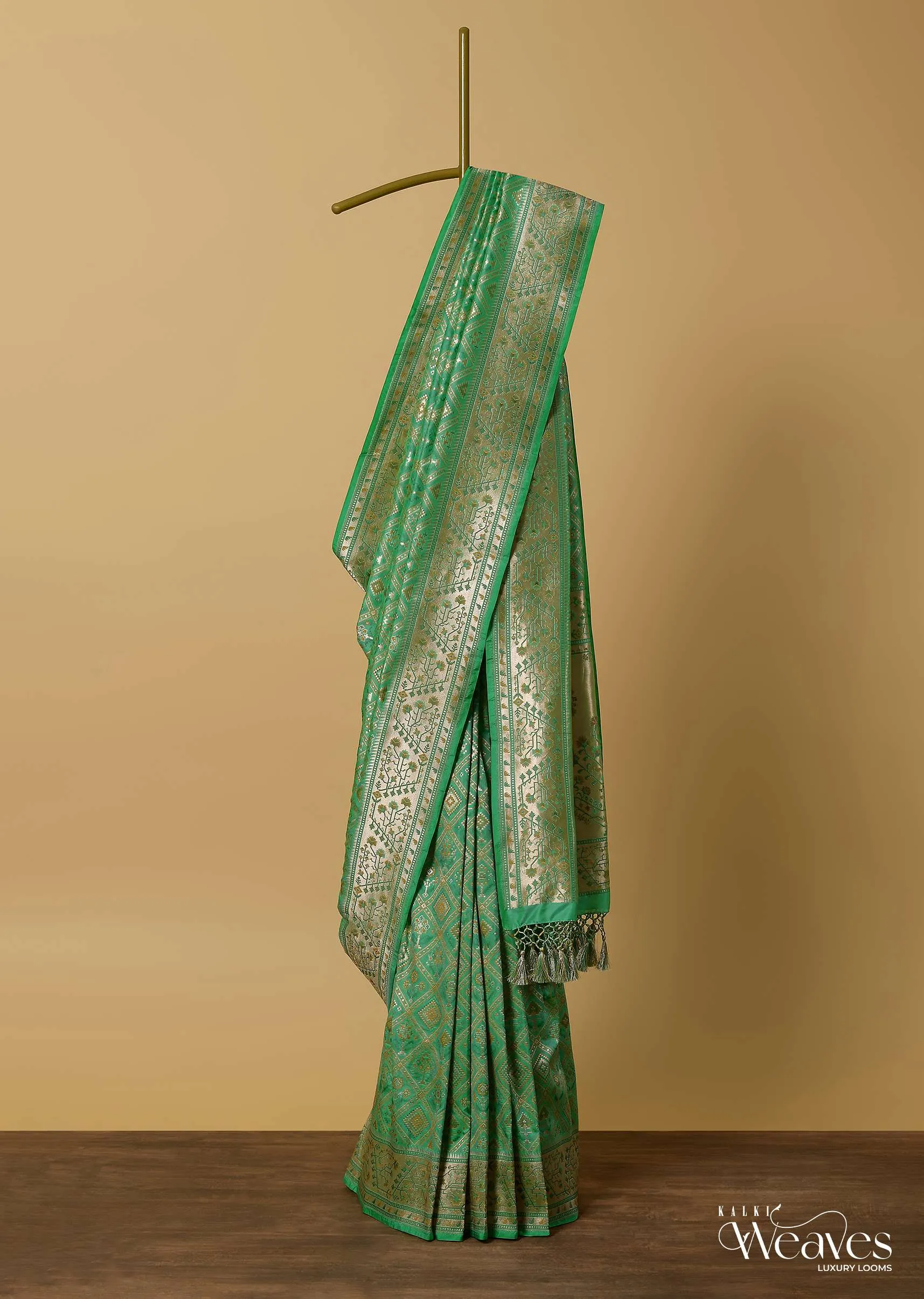 Parrot Green Katan Silk Banarasi Ikat Patola Weave Saree With Unstitched Blouse Piece