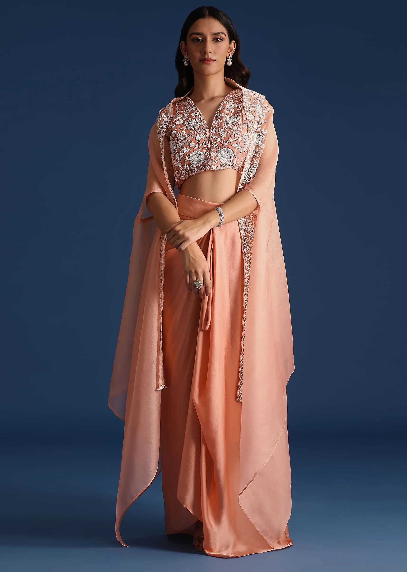 Peach Moti Work Jacket With Skirt And Crop Top