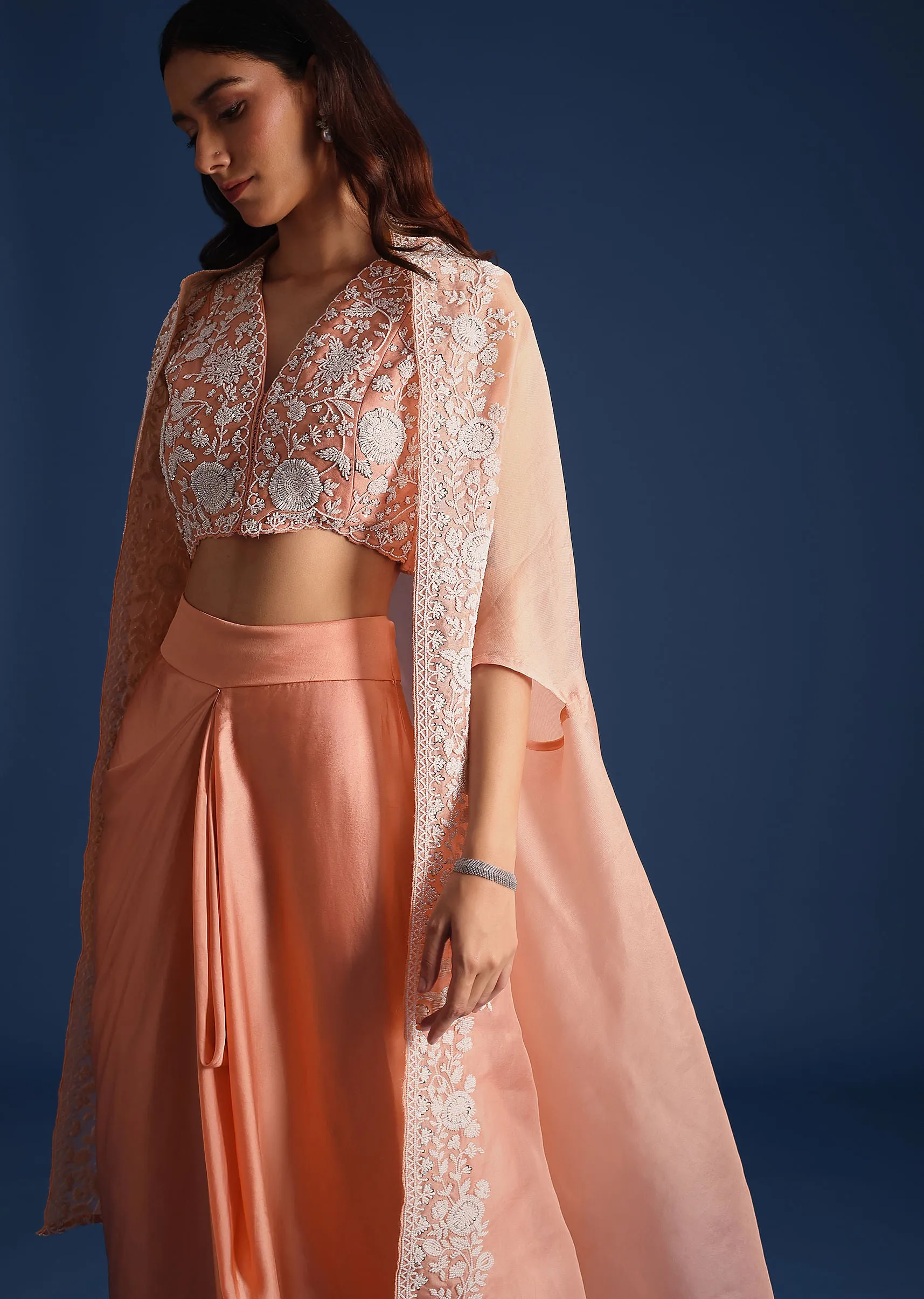 Peach Moti Work Jacket With Skirt And Crop Top