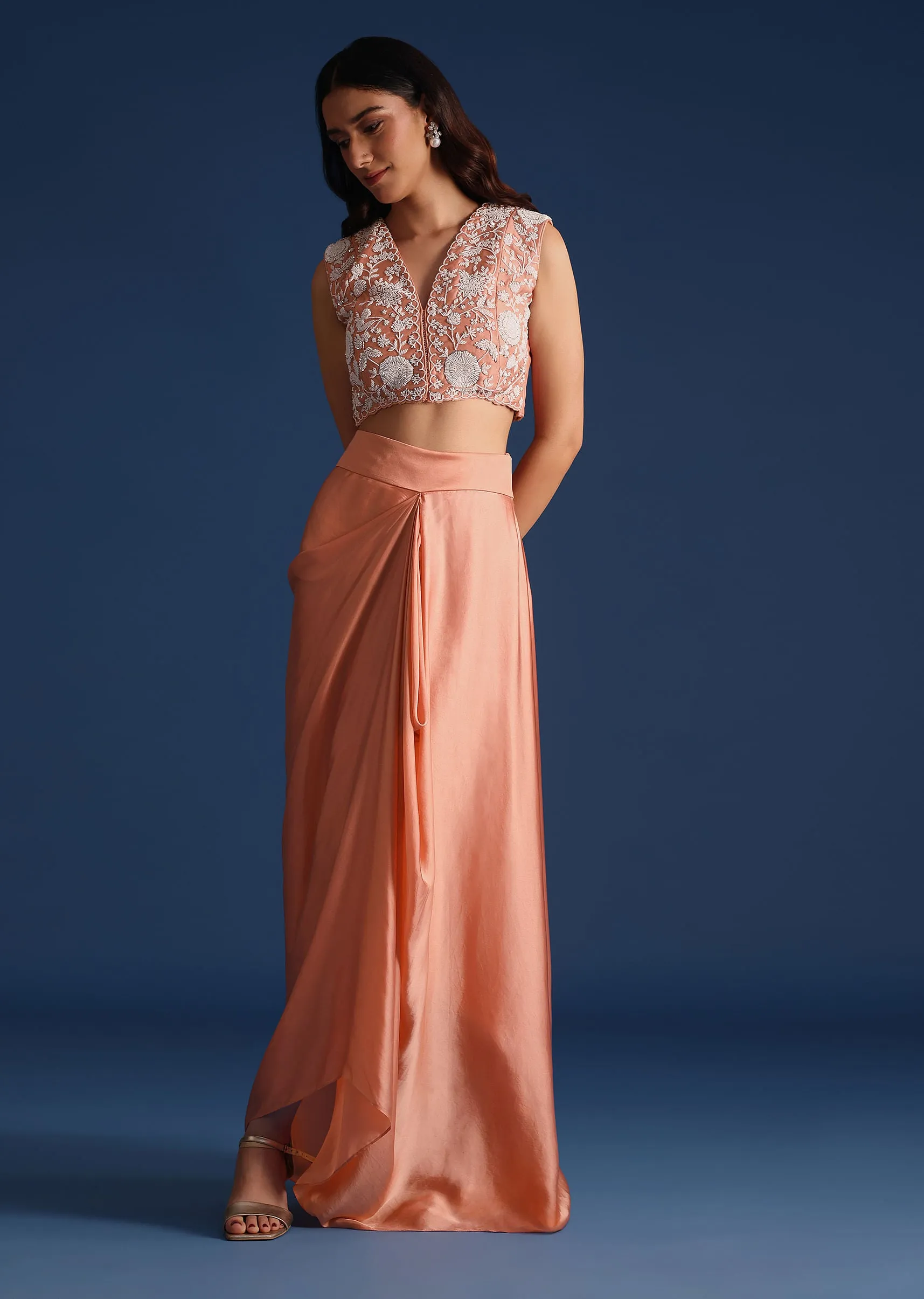 Peach Moti Work Jacket With Skirt And Crop Top