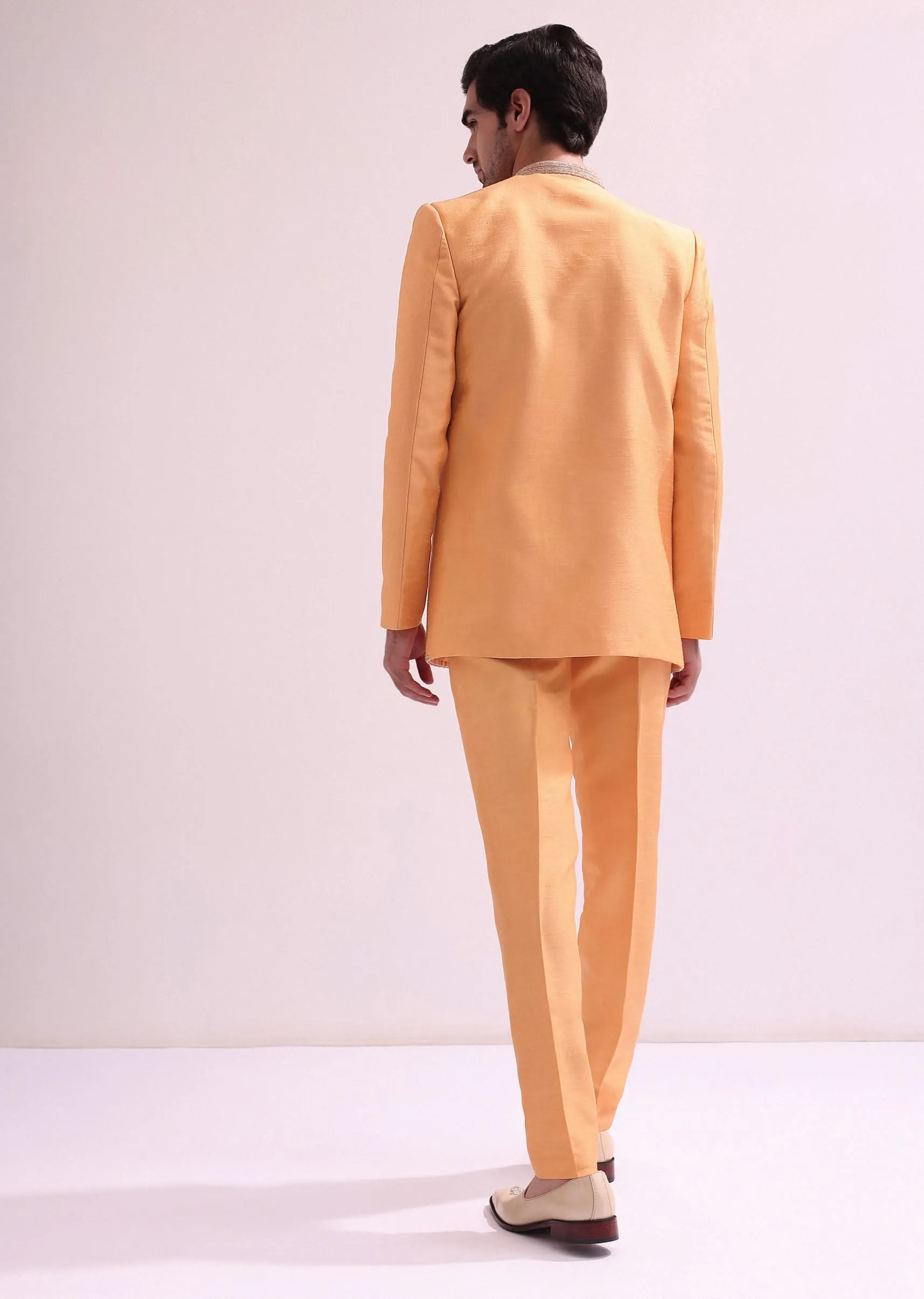 Peach Ombre Pintuck Laced Bandhgala With Kurta And Pants