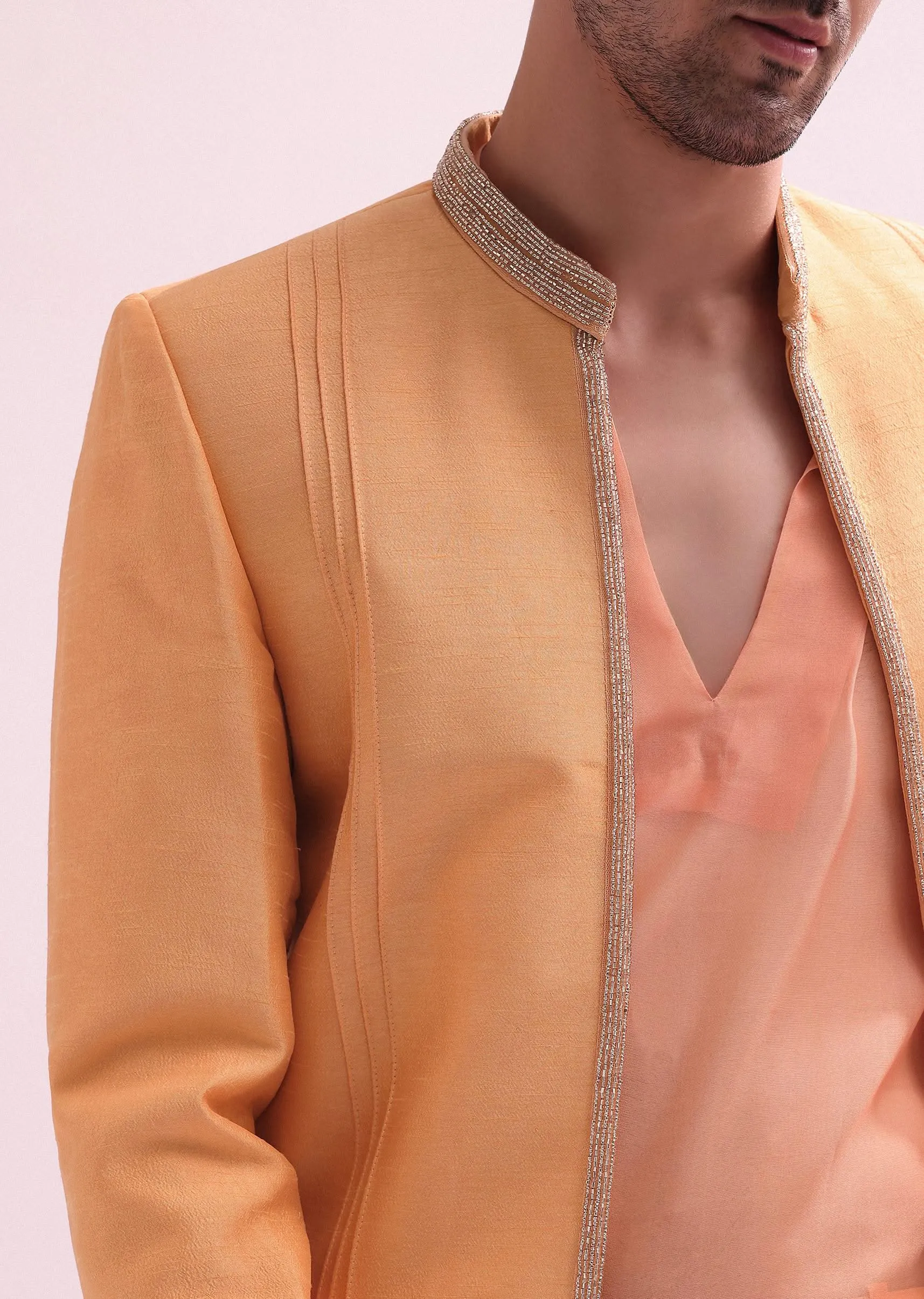 Peach Ombre Pintuck Laced Bandhgala With Kurta And Pants
