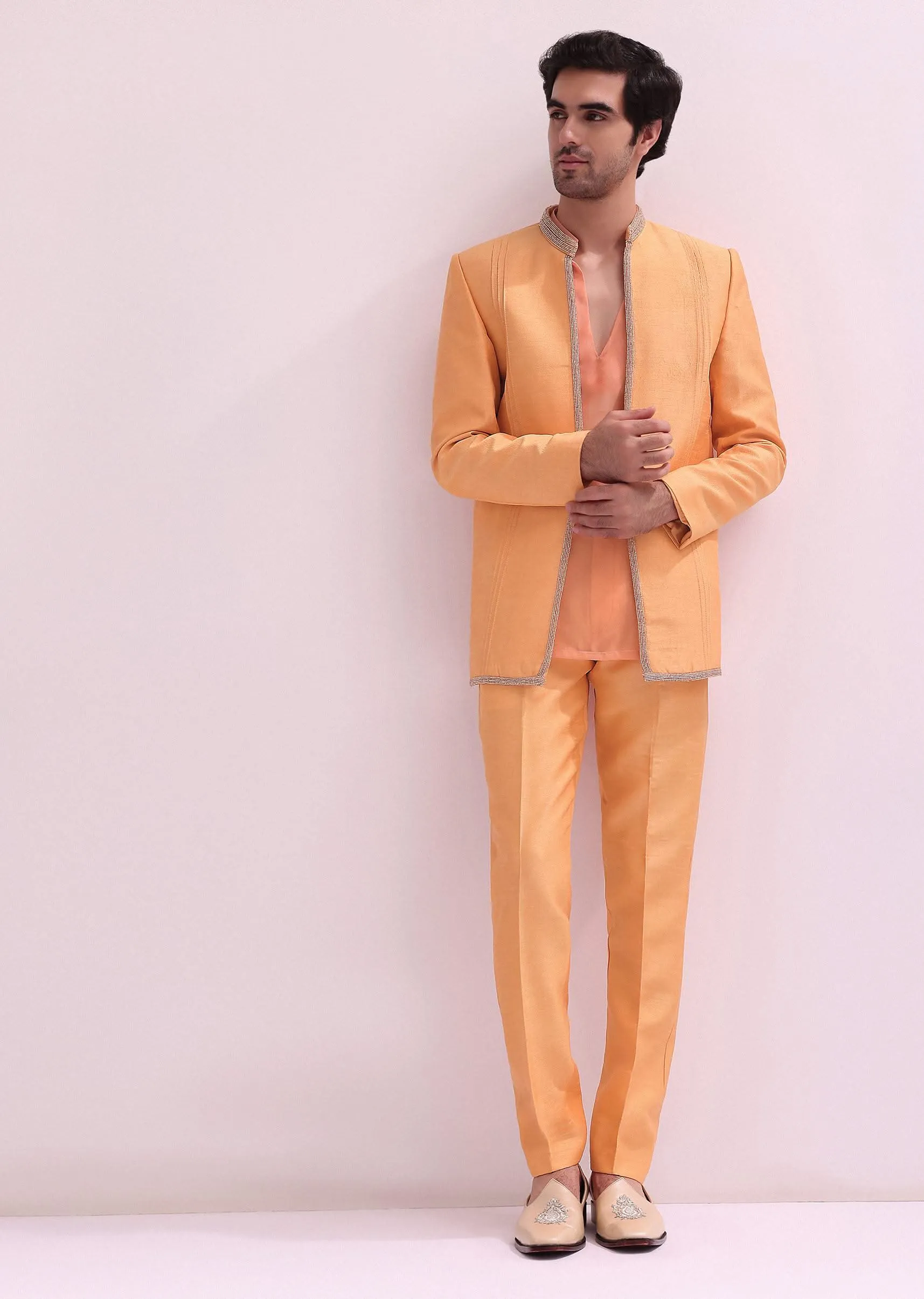 Peach Ombre Pintuck Laced Bandhgala With Kurta And Pants