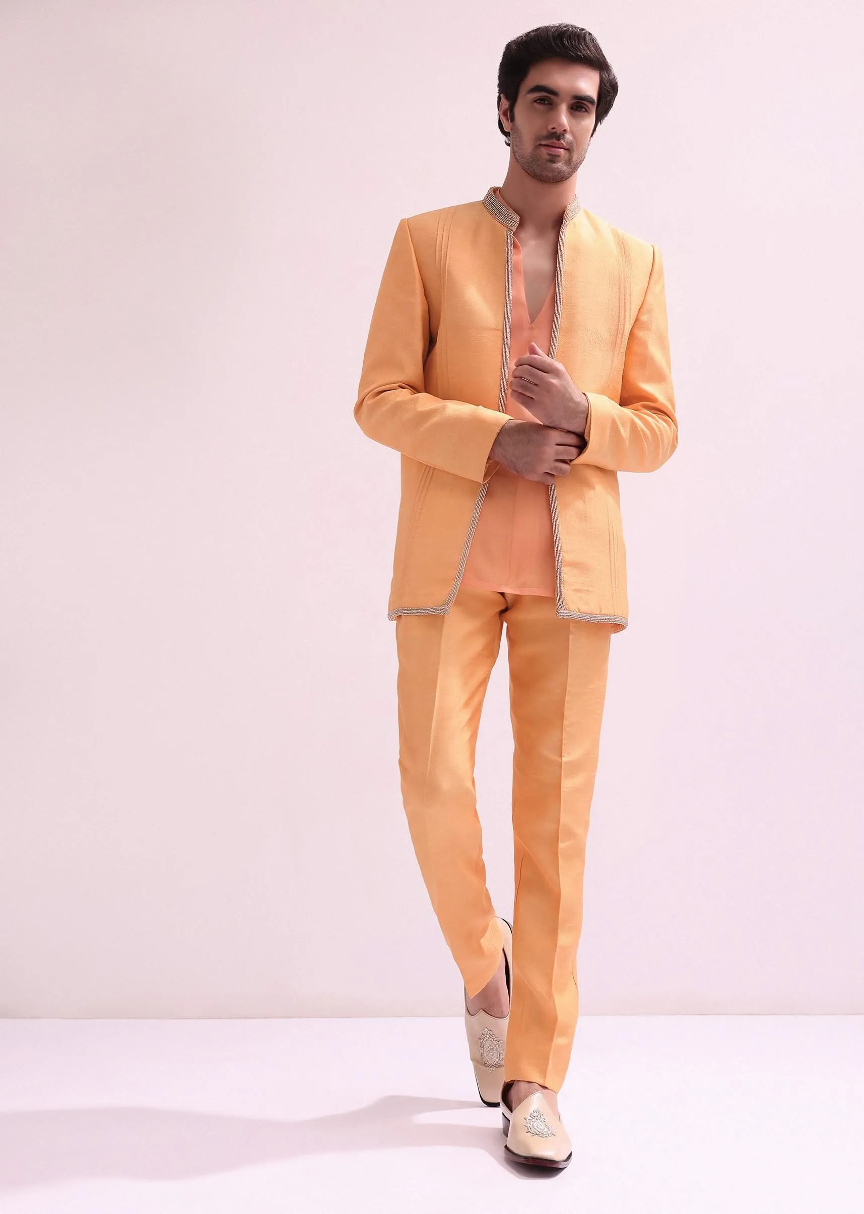 Peach Ombre Pintuck Laced Bandhgala With Kurta And Pants