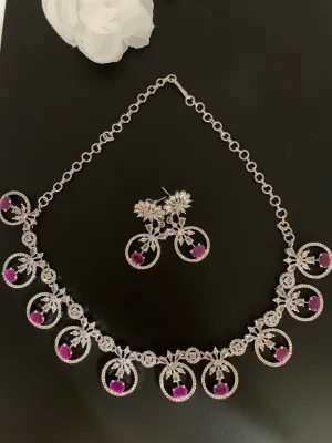 Pink Stone American Diamond Floral pattern Short Necklace in Silver Polish