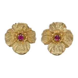 Small Poppy Flower With Ruby Earrings