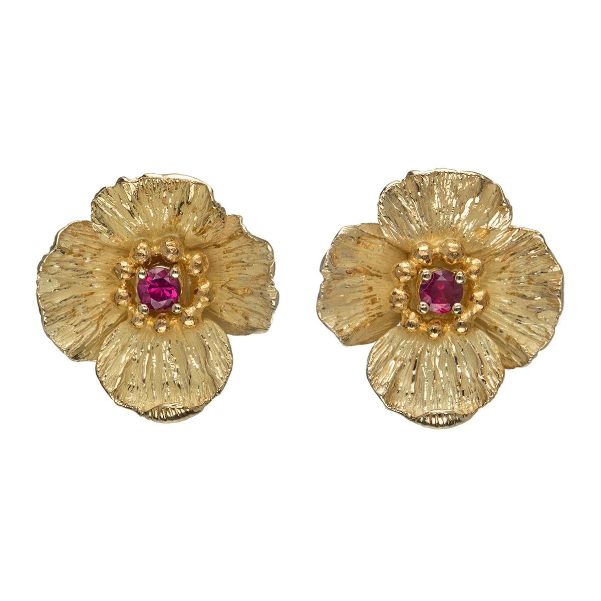 Small Poppy Flower With Ruby Earrings