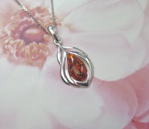Solid 925 Sterling Silver Real Genuine Cognac Amber Leaf Pendant Necklace