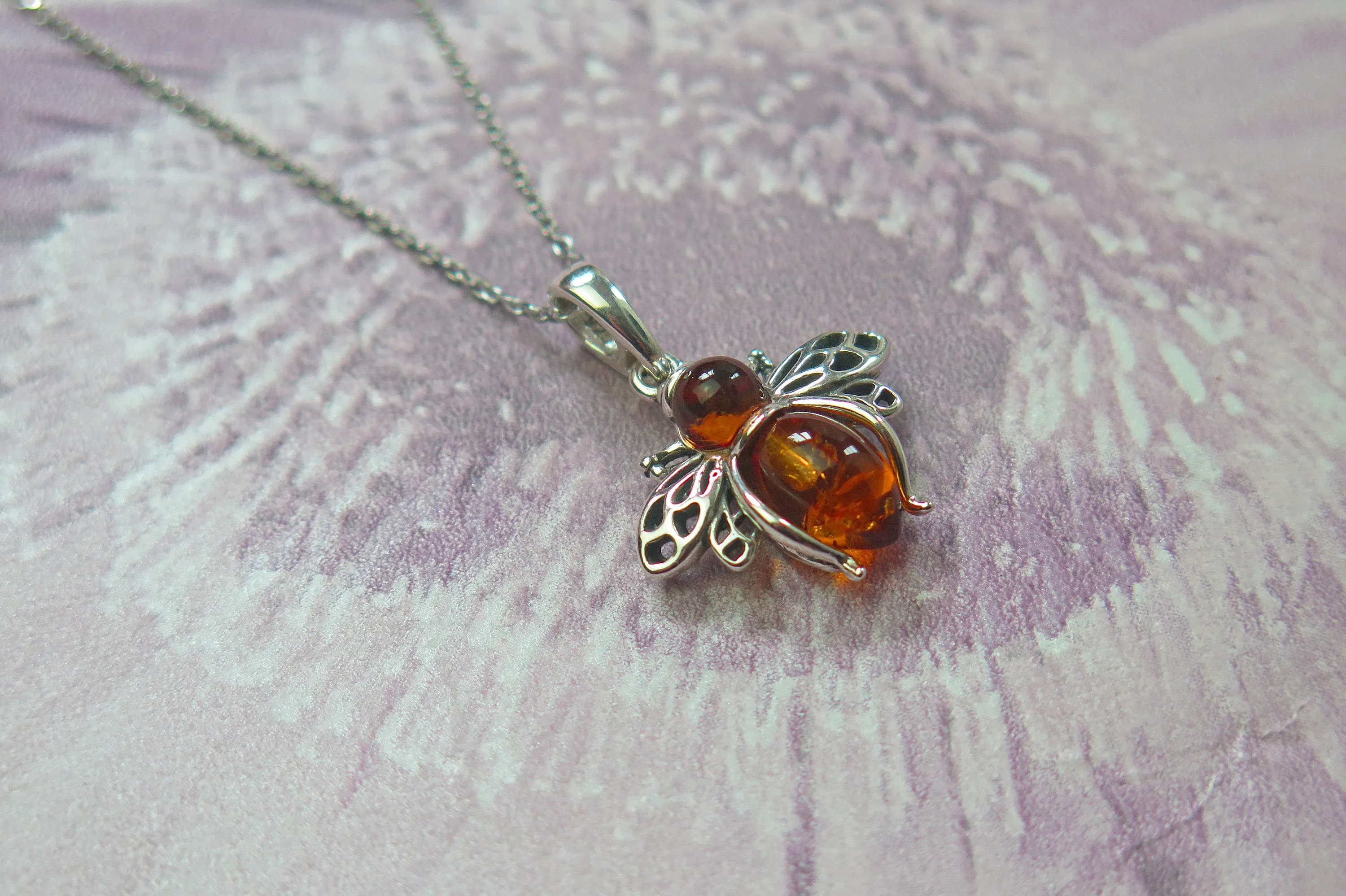 Solid 925 Sterling Silver Real Genuine Cognac Amber Lucky Bee Pendant Necklace