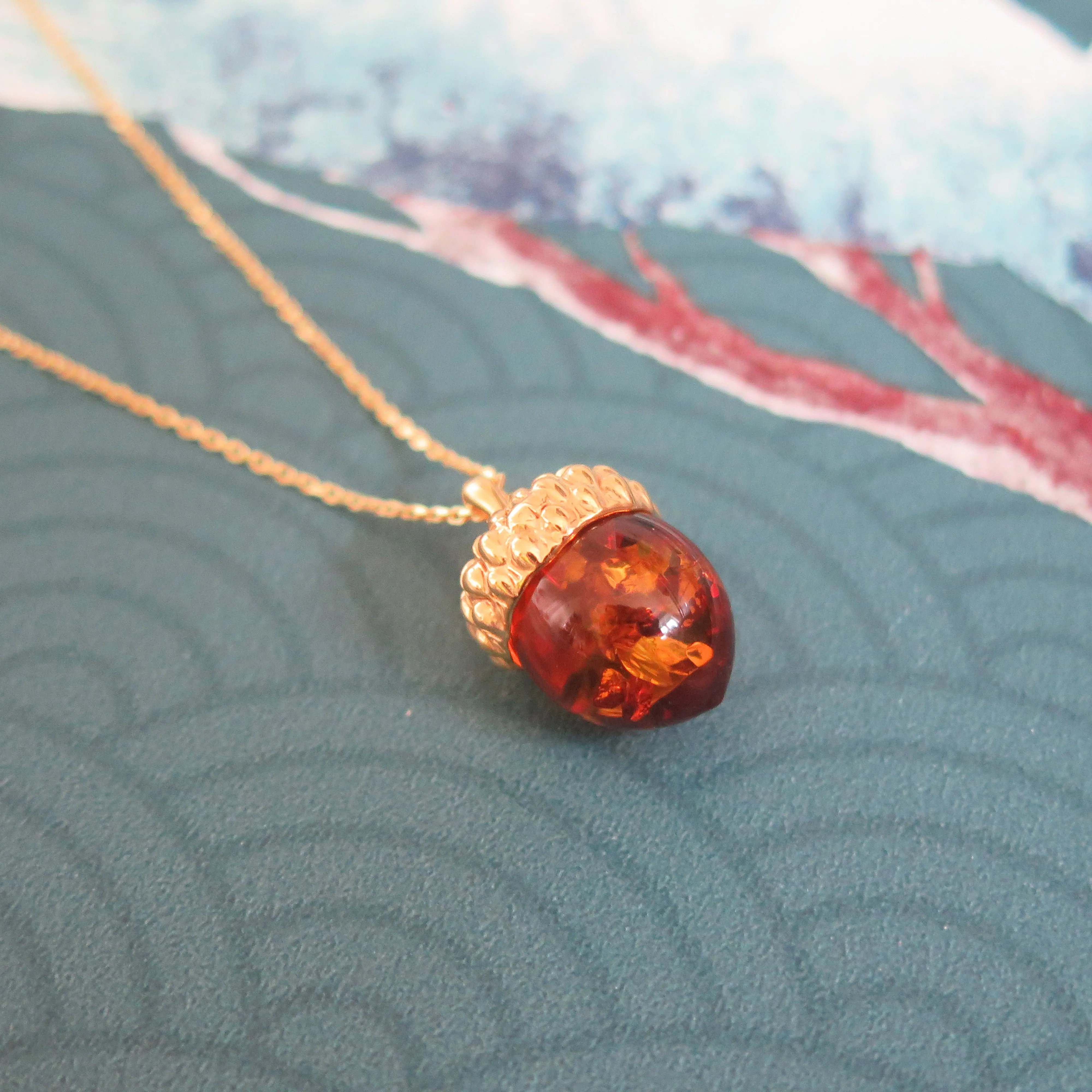 Sterling Silver Gold Plated Real Genuine Cognac Amber Lucky Acorn Pendant Necklace