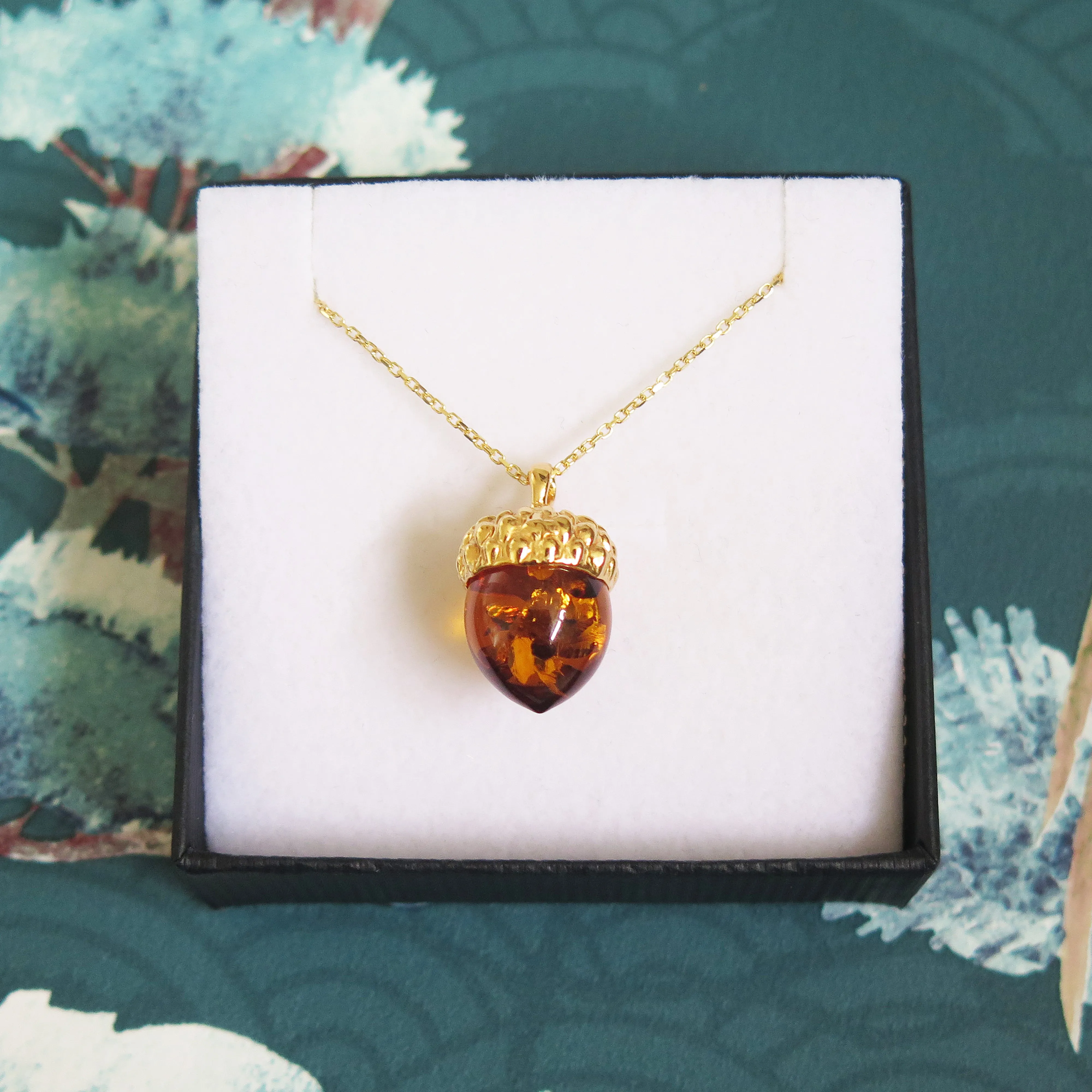 Sterling Silver Gold Plated Real Genuine Cognac Amber Lucky Acorn Pendant Necklace