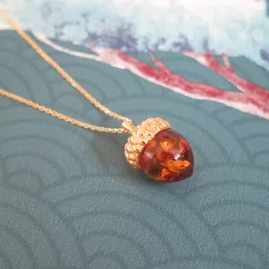 Sterling Silver Gold Plated Real Genuine Cognac Amber Lucky Acorn Pendant Necklace