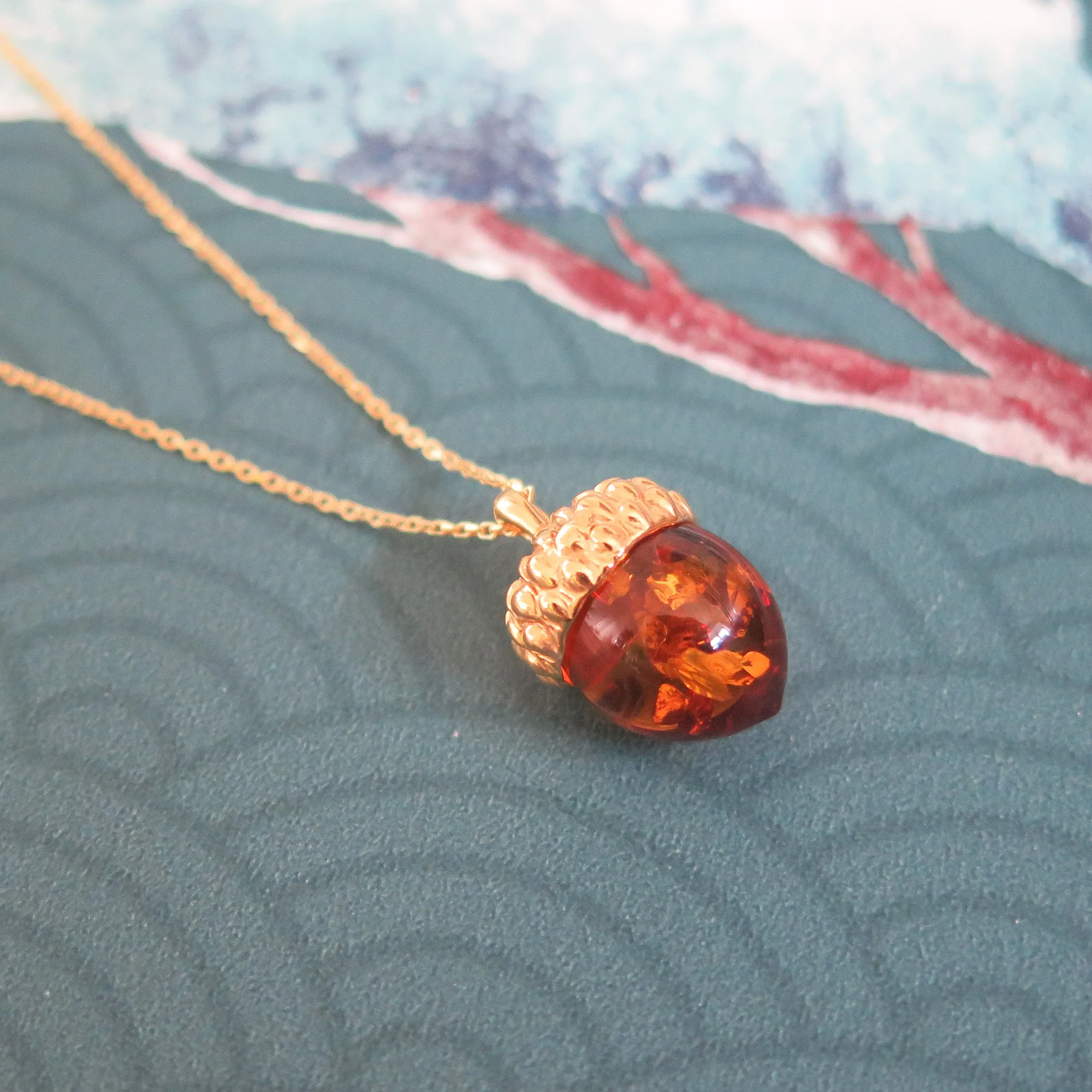 Sterling Silver Gold Plated Real Genuine Cognac Amber Lucky Acorn Pendant Necklace