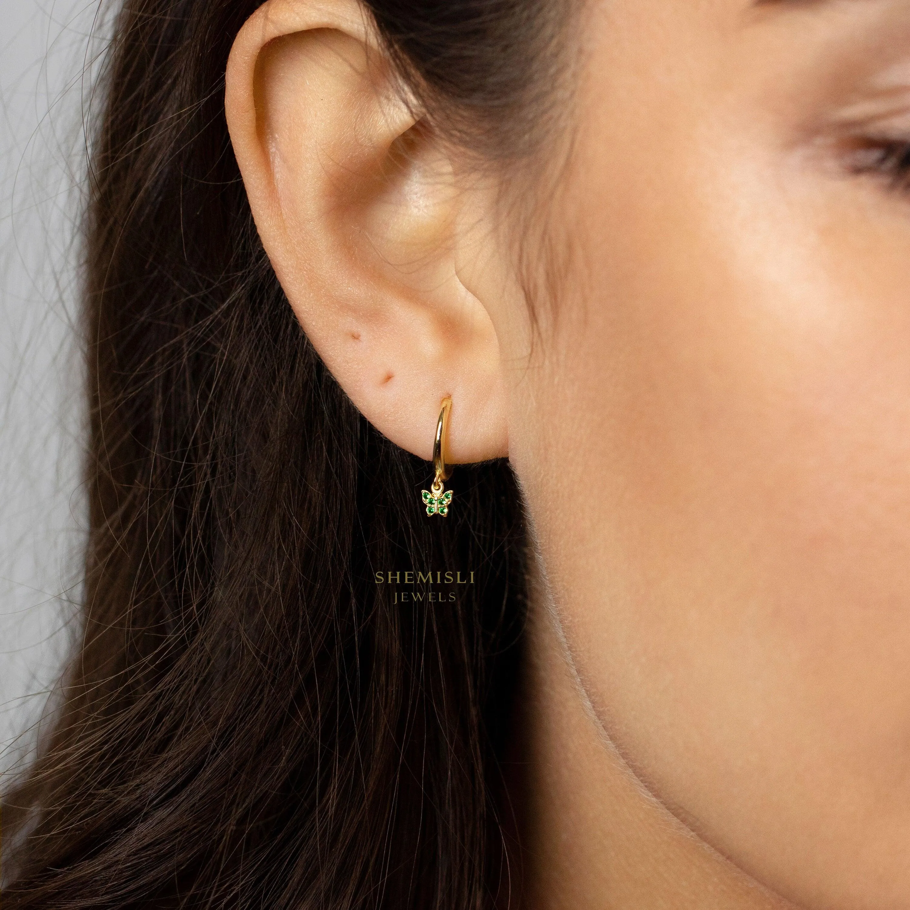 Ultra Tiny Emerald Butterfly CZ Hoop, Dangle Earrings, Drop Huggies, Gold, Silver SHEMISLI SH204