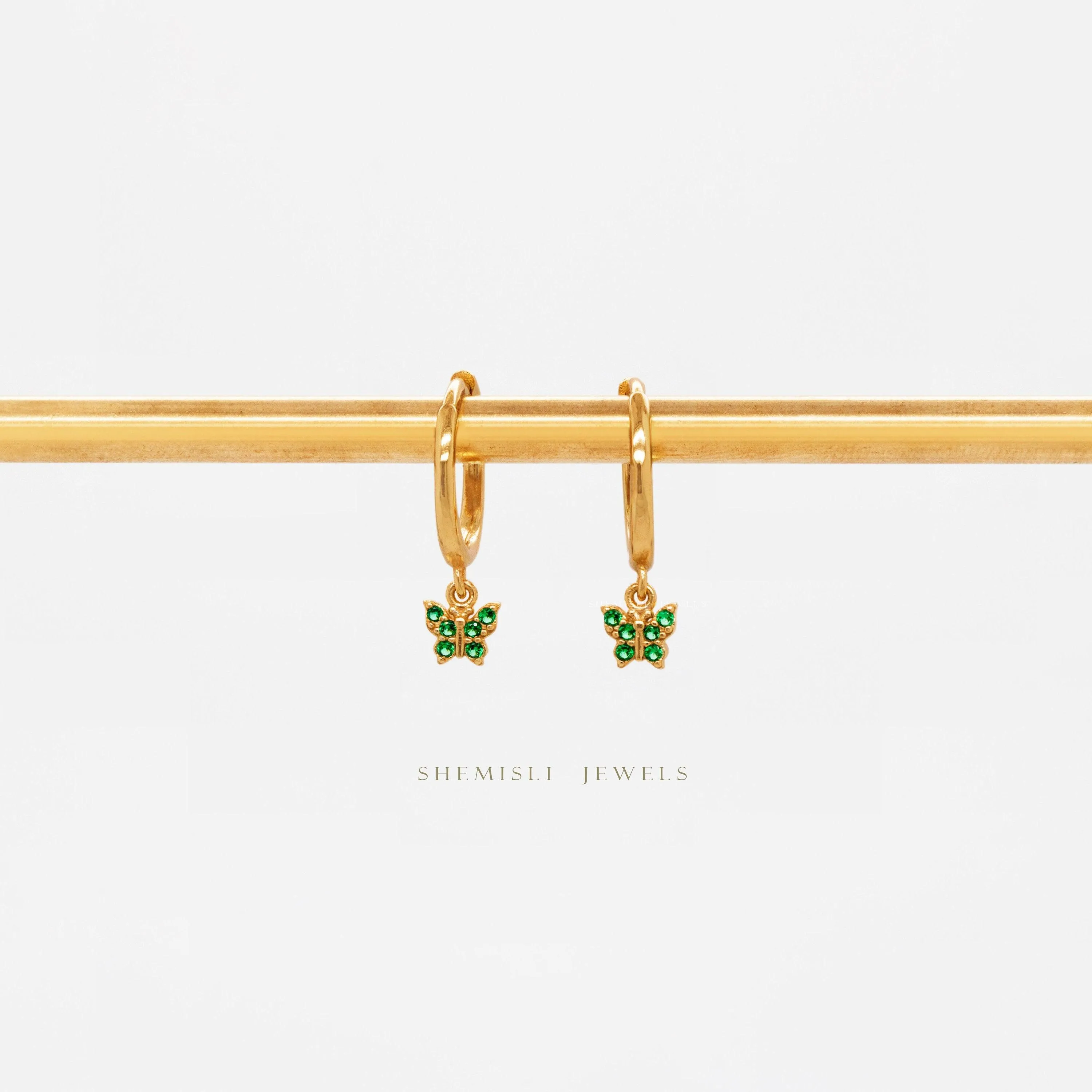 Ultra Tiny Emerald Butterfly CZ Hoop, Dangle Earrings, Drop Huggies, Gold, Silver SHEMISLI SH204