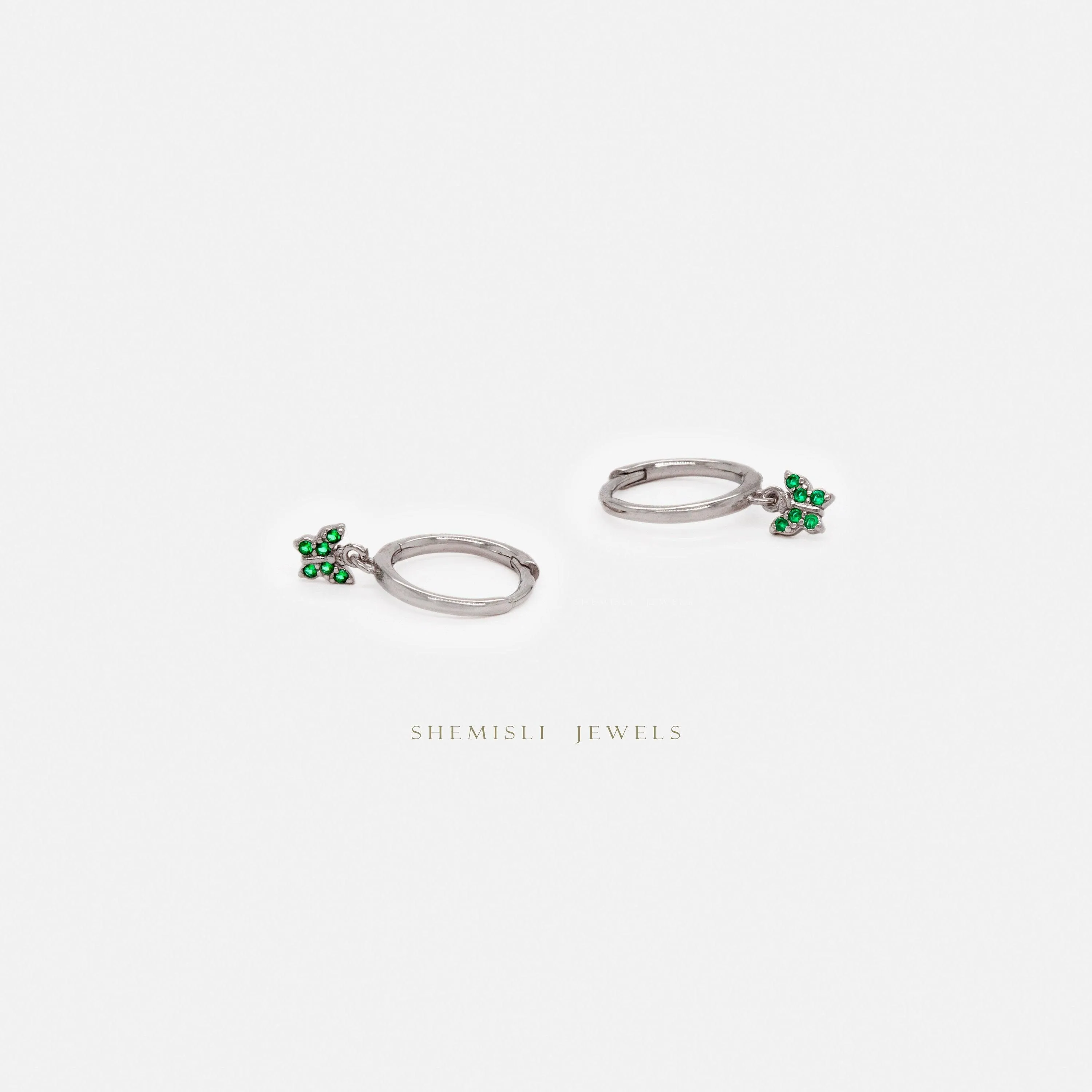 Ultra Tiny Emerald Butterfly CZ Hoop, Dangle Earrings, Drop Huggies, Gold, Silver SHEMISLI SH204