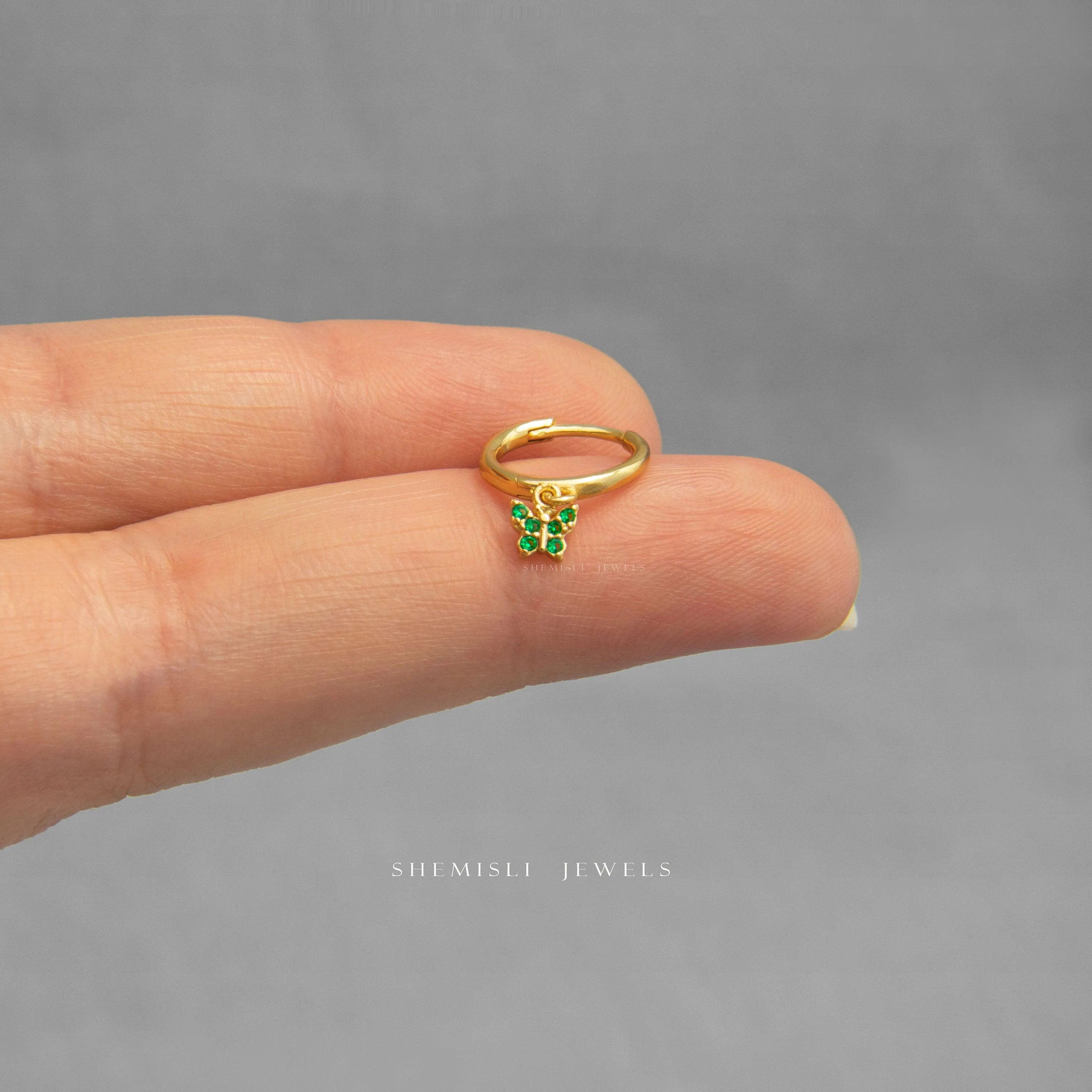 Ultra Tiny Emerald Butterfly CZ Hoop, Dangle Earrings, Drop Huggies, Gold, Silver SHEMISLI SH204