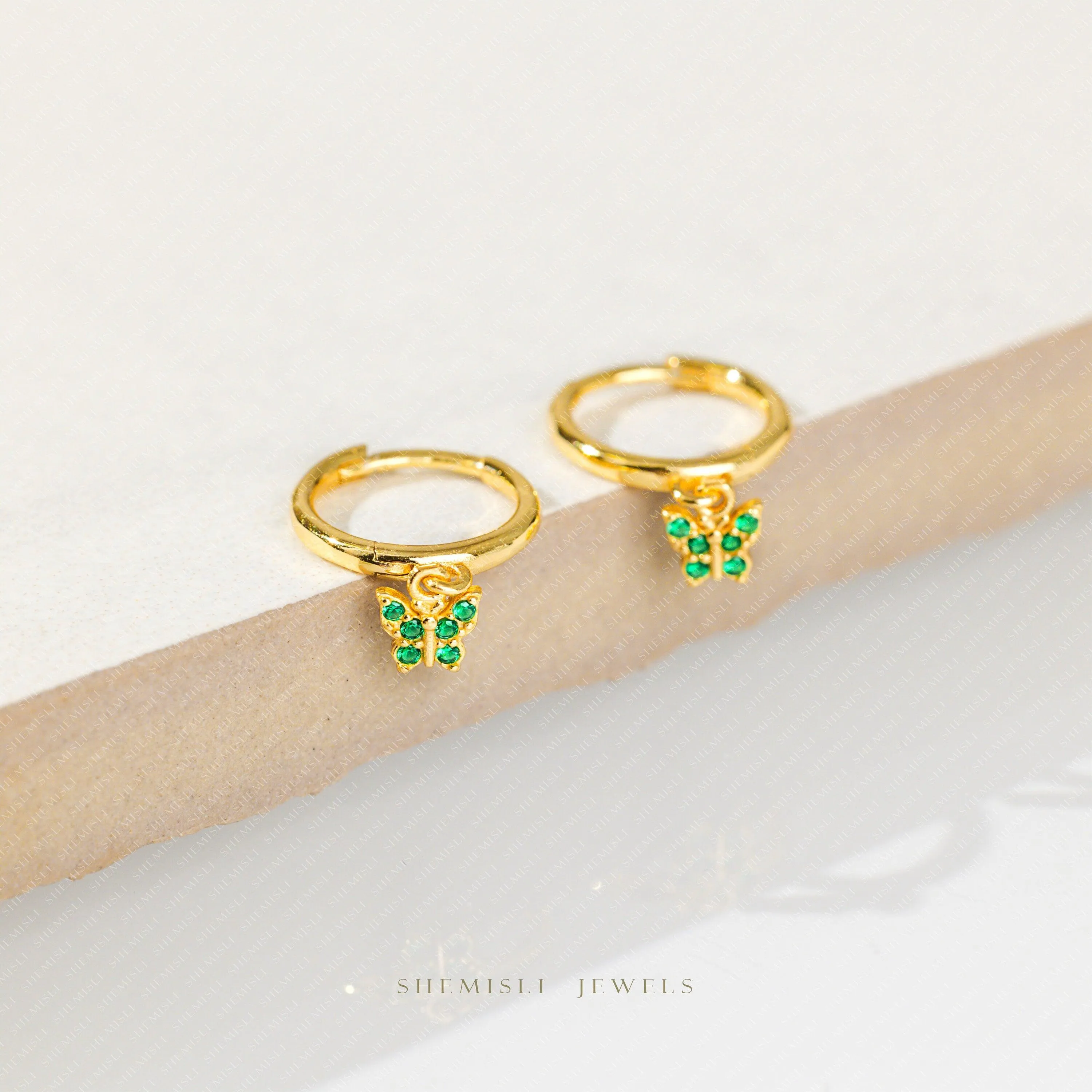 Ultra Tiny Emerald Butterfly CZ Hoop, Dangle Earrings, Drop Huggies, Gold, Silver SHEMISLI SH204
